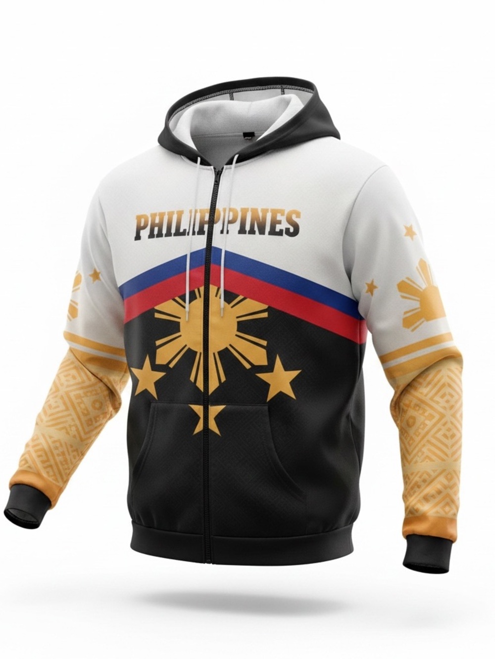 Philippines-Inspired Men's Zip-Up Hoodie Sweater - Black, White & Gold